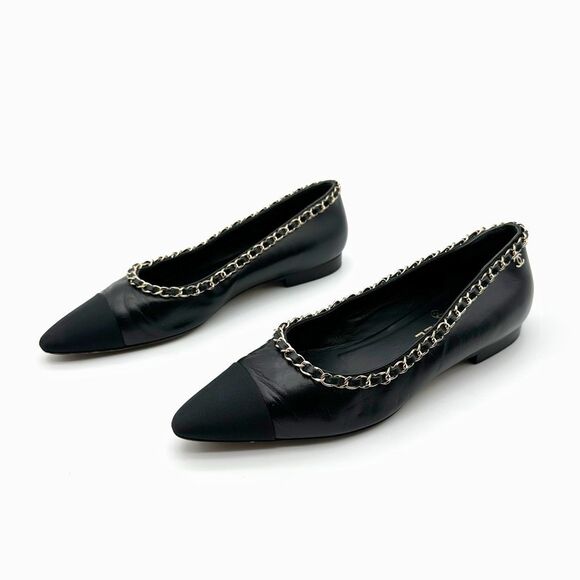 CHANEL Black Chain Ballet Flat Size 38 CC Logo Leather Grosgrain Pointed Toe - Picture 11 of 11